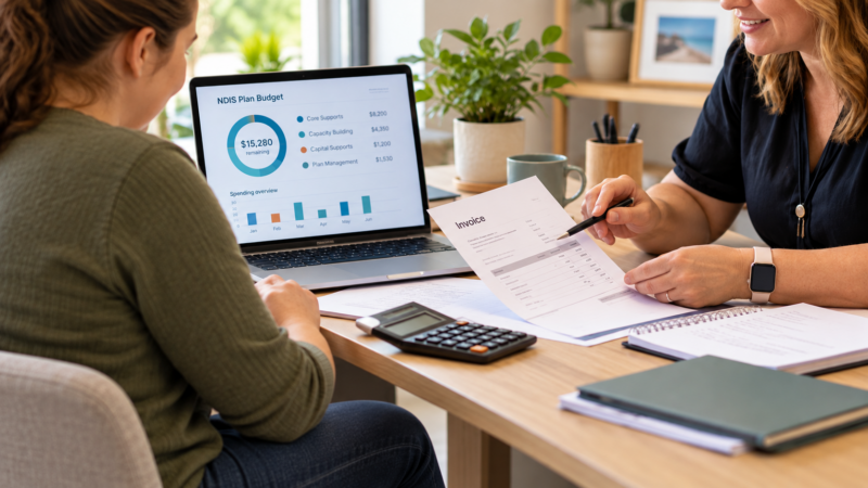 A plan manager discusses an NDIS budget on a laptop and reviews an invoice with a participant.