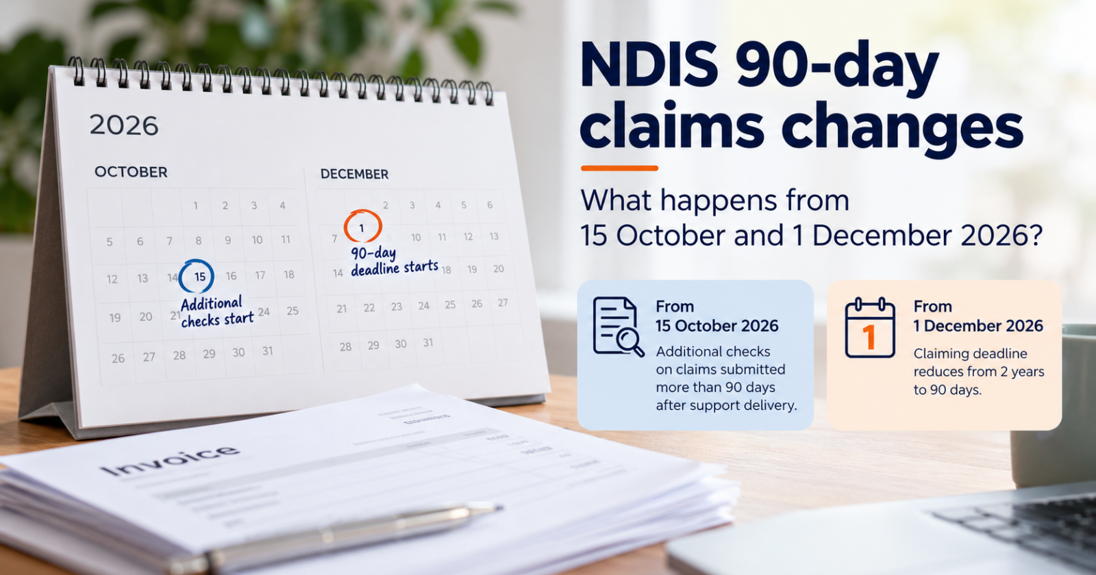 Calendar highlighting 15 October and 1 December 2026, illustrating the NDIS changes to claims checking and claiming deadlines.