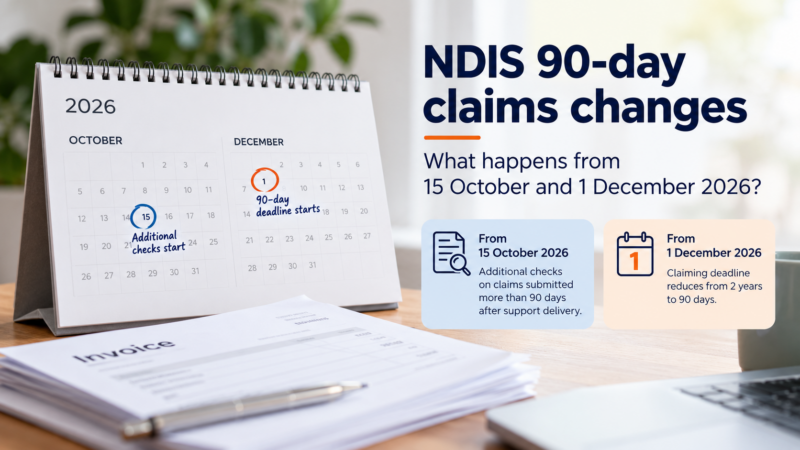 Calendar highlighting 15 October and 1 December 2026, illustrating the NDIS changes to claims checking and claiming deadlines.