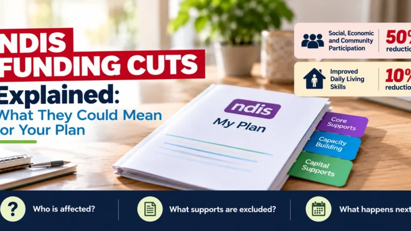 NDIS funding cuts explained with 50% and 10% reductions shown for affected support budgets.